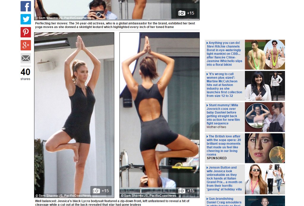 Reprodução/ Daily Mail/ Sam Sharma/ JS, PacificCoastNews Jessica Alba exibe flexibilidade na ioga em gravações em Hollywood