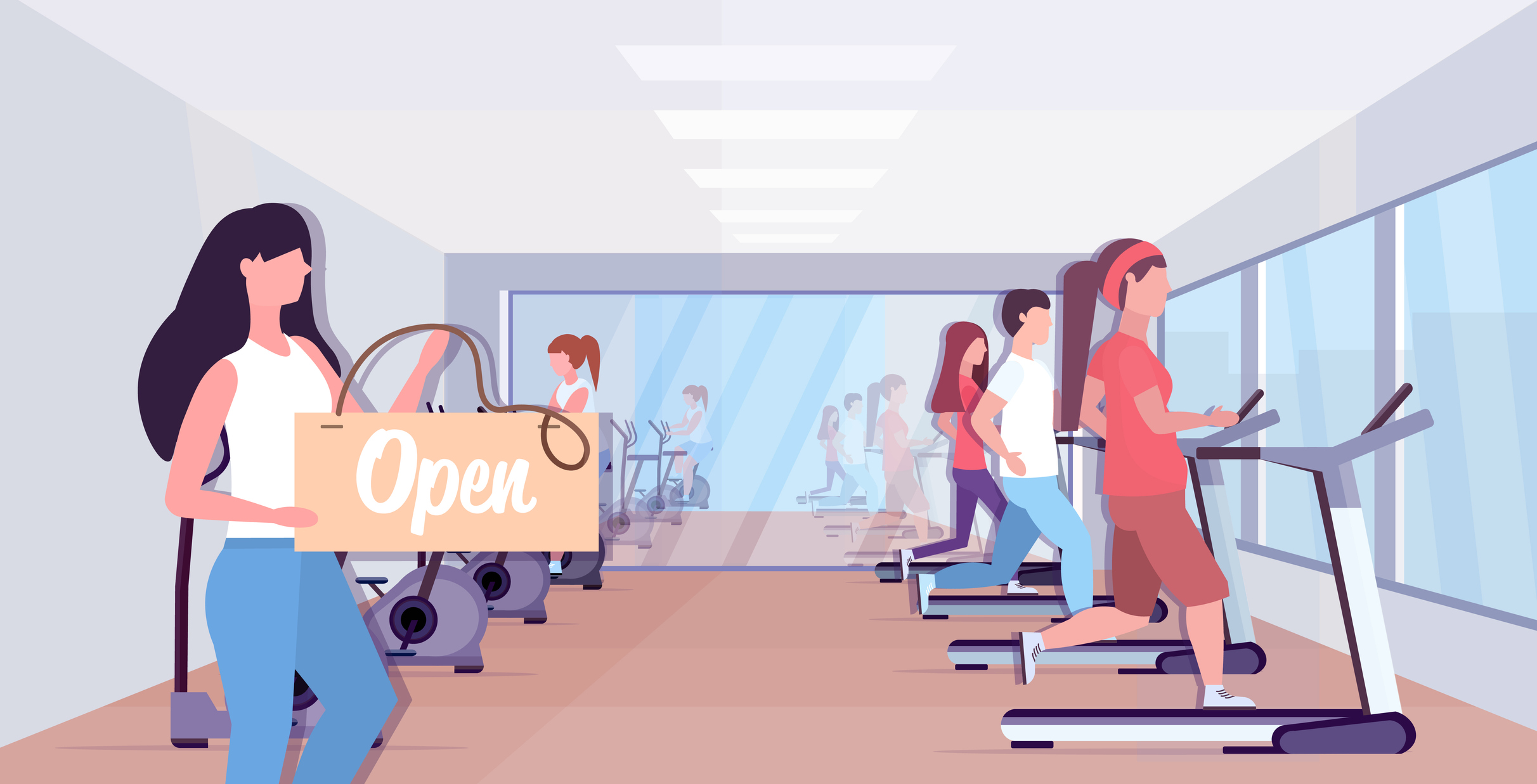 female fitness trainer holding open sign board coronavirus quarantine is ending victory over covid-19