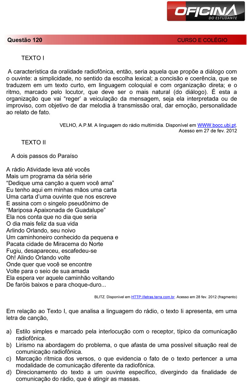 Enem 2012: corre&ccedil;&atilde;o da quest&atilde;o 120