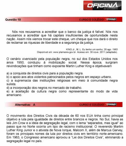 Enem 2012: corre&ccedil;&atilde;o da quest&atilde;o 10