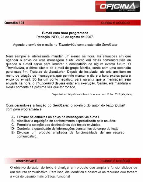 Enem 2012: corre&ccedil;&atilde;o da quest&atilde;o 104