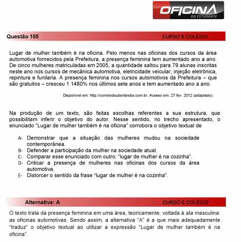 Enem 2012: corre&ccedil;&atilde;o da quest&atilde;o 105