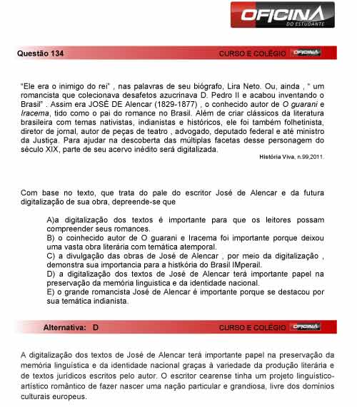 Enem 2012: corre&ccedil;&atilde;o da quest&atilde;o 134