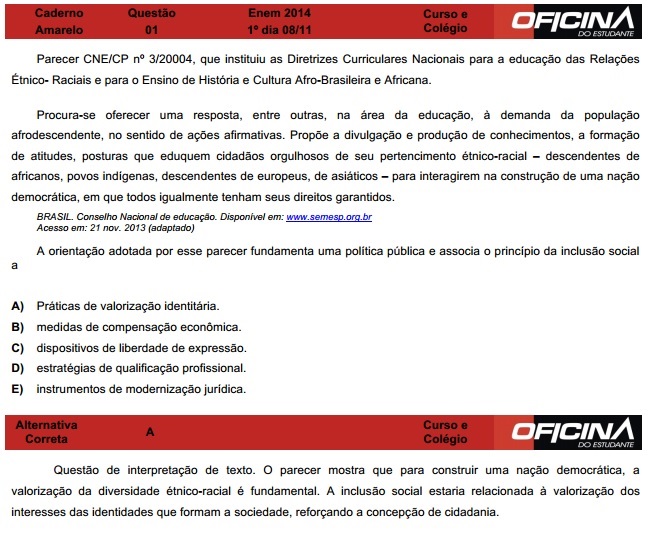Enem 2014: corre&ccedil;&atilde;o da quest&atilde;o 1