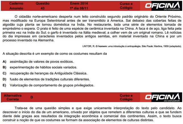 Enem 2014: corre&ccedil;&atilde;o da quest&atilde;o 43