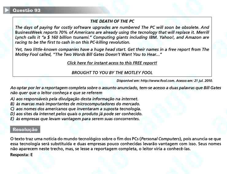 Enem 2010: Quest&atilde;o 93 &ndash; Linguagens e C&oacute;digos (prova amarela)