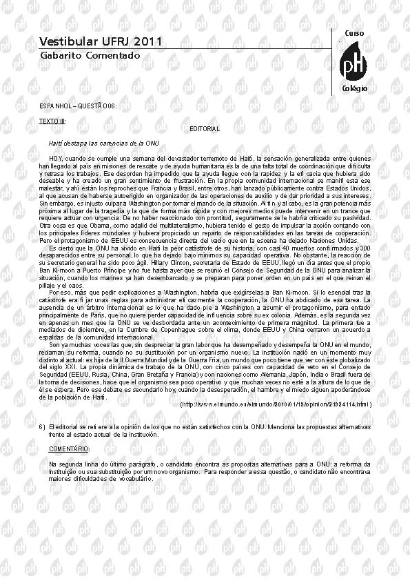 UFRJ 2011: Quest&atilde;o 6 &ndash; Espanhol