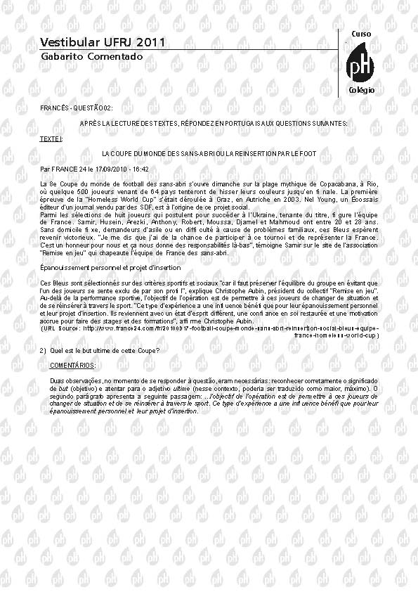 UFRJ 2011: Quest&atilde;o 2 &ndash; Franc&ecirc;s