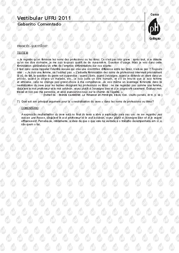 UFRJ 2011: Quest&atilde;o 7 &ndash; Franc&ecirc;s