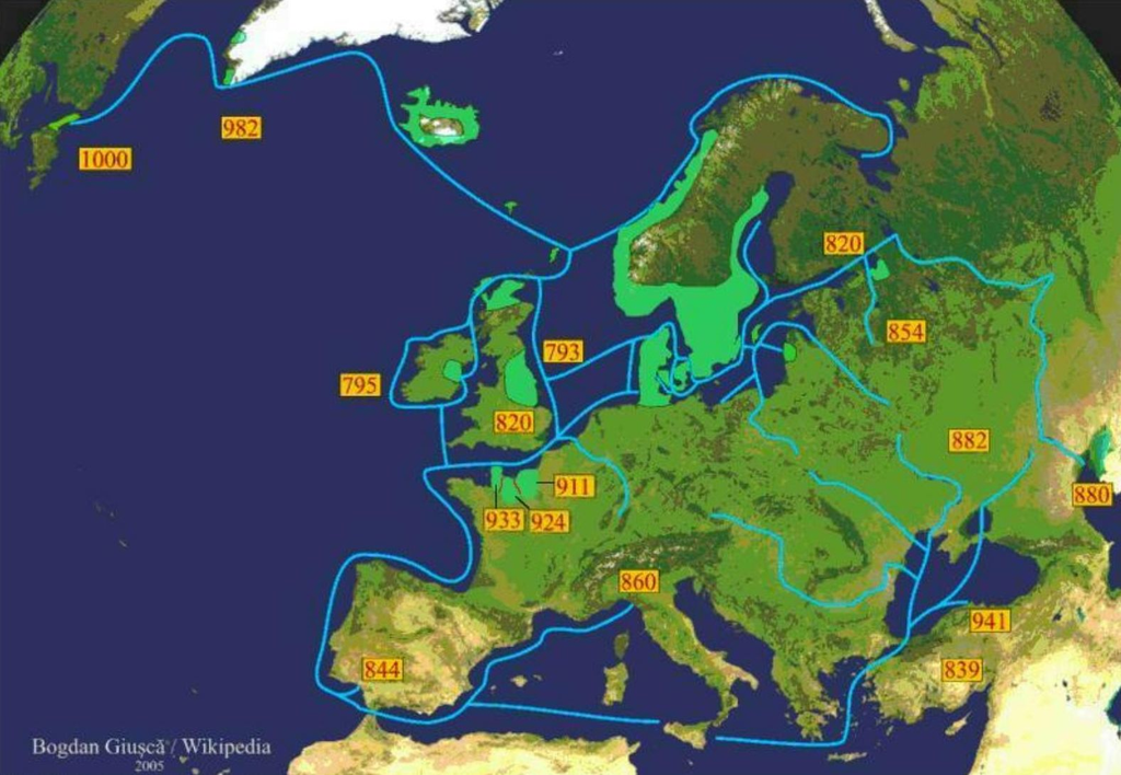 Anos aproximados dos territórios conquistados pelos Vikings (imagem: Wikimedia Commons)