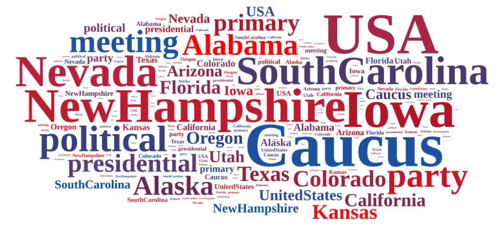 Illustration with word cloud on the Caucus in the US.