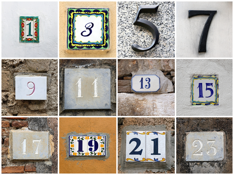 Collage of house numbers odd numbers from 1 to 23