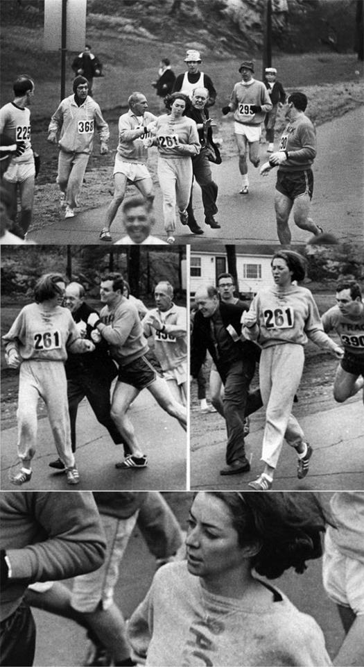 Câmeras flagram o momento em que a corredora Kathrine Switzer foi ataca por Jock Semple, organizador da Maratona de Boston (Fotos: Reprodução/Tumblr)