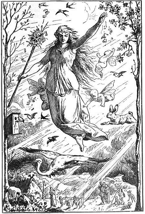 Representação da deusa Eoster, feita em 1884 pelo ilustrador alemão Johannes Gehrts. (imagem: Wikimedia Commons)