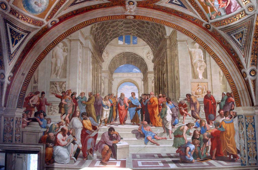 Na pintura de Rafael Sanzio, Platão e Aristóteles aparecem no centro da imagem. Platão, com o dedo apontado para o alto, refere-se ao mundo das ideias, e Aristóteles, à sua direita, refere-se à matéria e à forma.