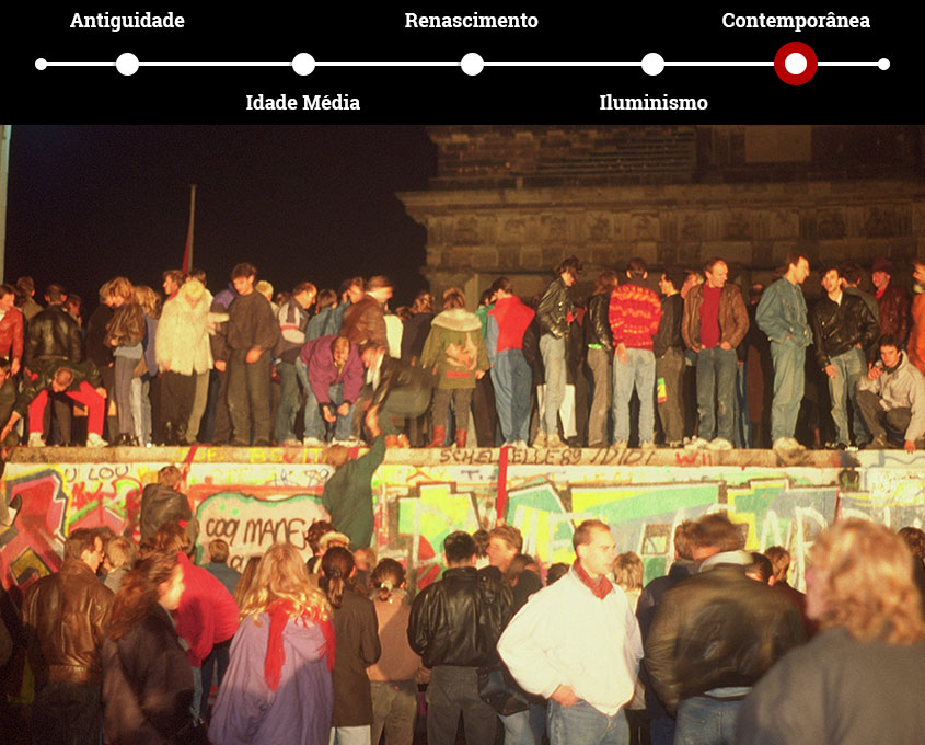 Pessoas festejam a queda do Muro de Berlim, em novembro de 1989