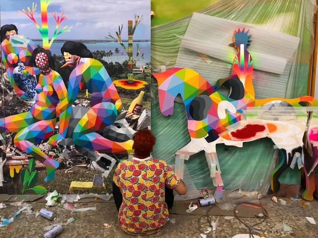 OKUDART working away in his studio on #ThePlasticIsland for his SCOPE Miami Beach installation with Mirus Gallery and Hi-Fructose Magazine!